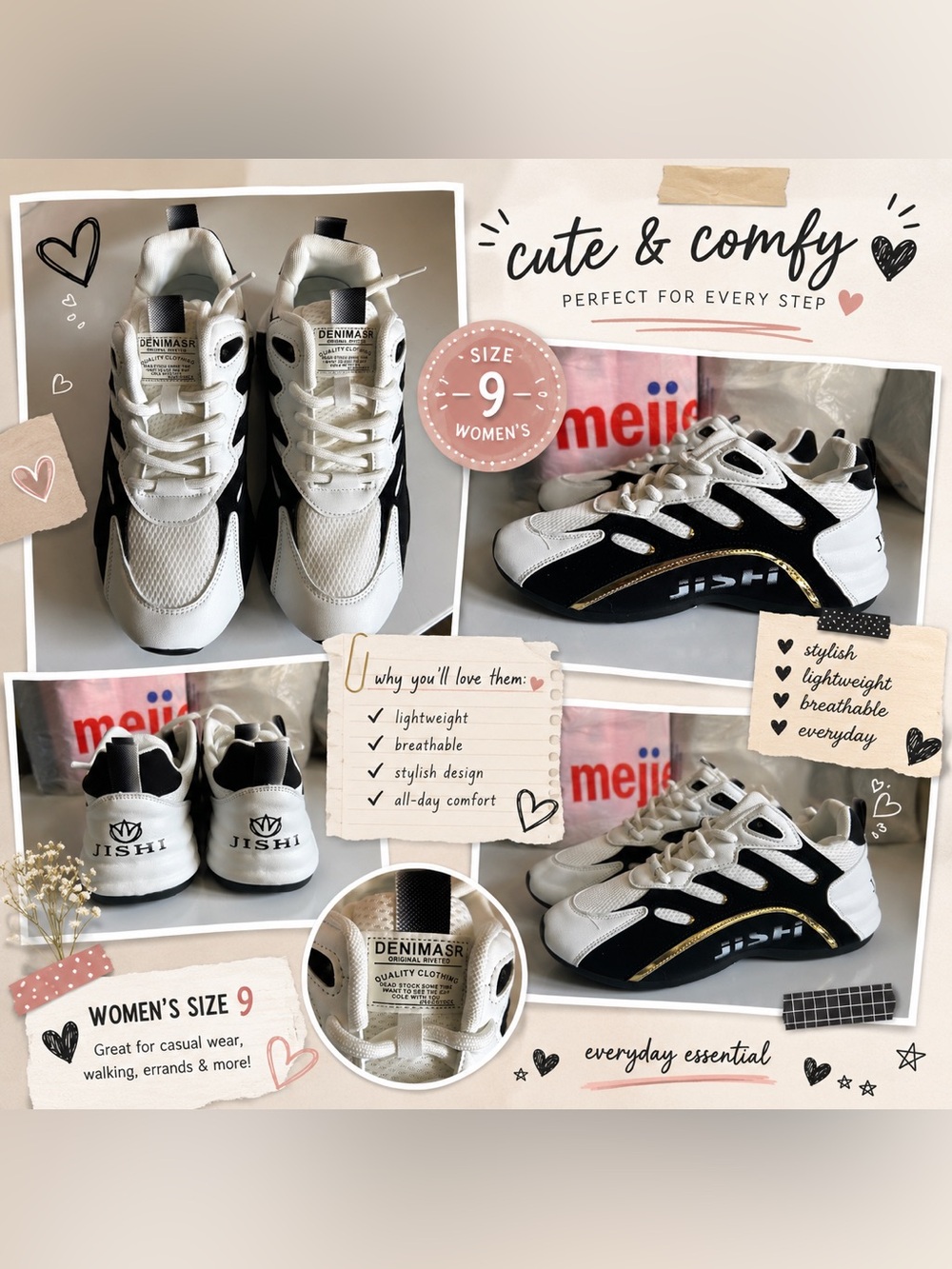 Women’s JISHI Chunky Fashion Sneakers White/Black - Size 9